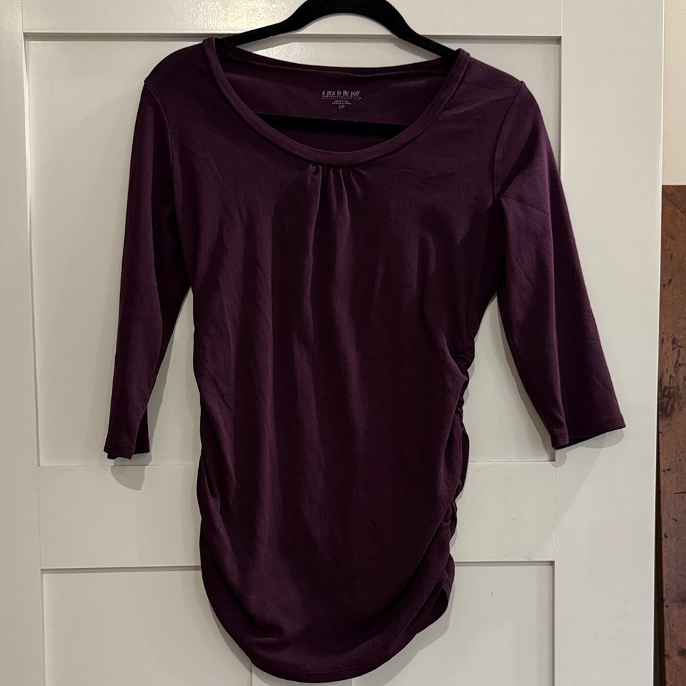 A Pea in the Pod Women’s Maternity Scoop Neck Ruched 3/4 Sleeve Top - Plum.